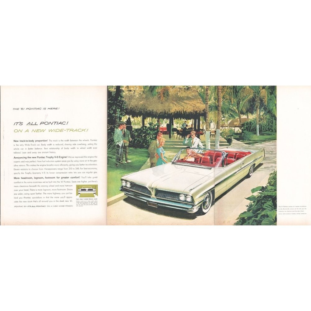 1961 Pontiac Bonneville Convertible 3 Page Vintage Print Ad Outdoor Dining Art